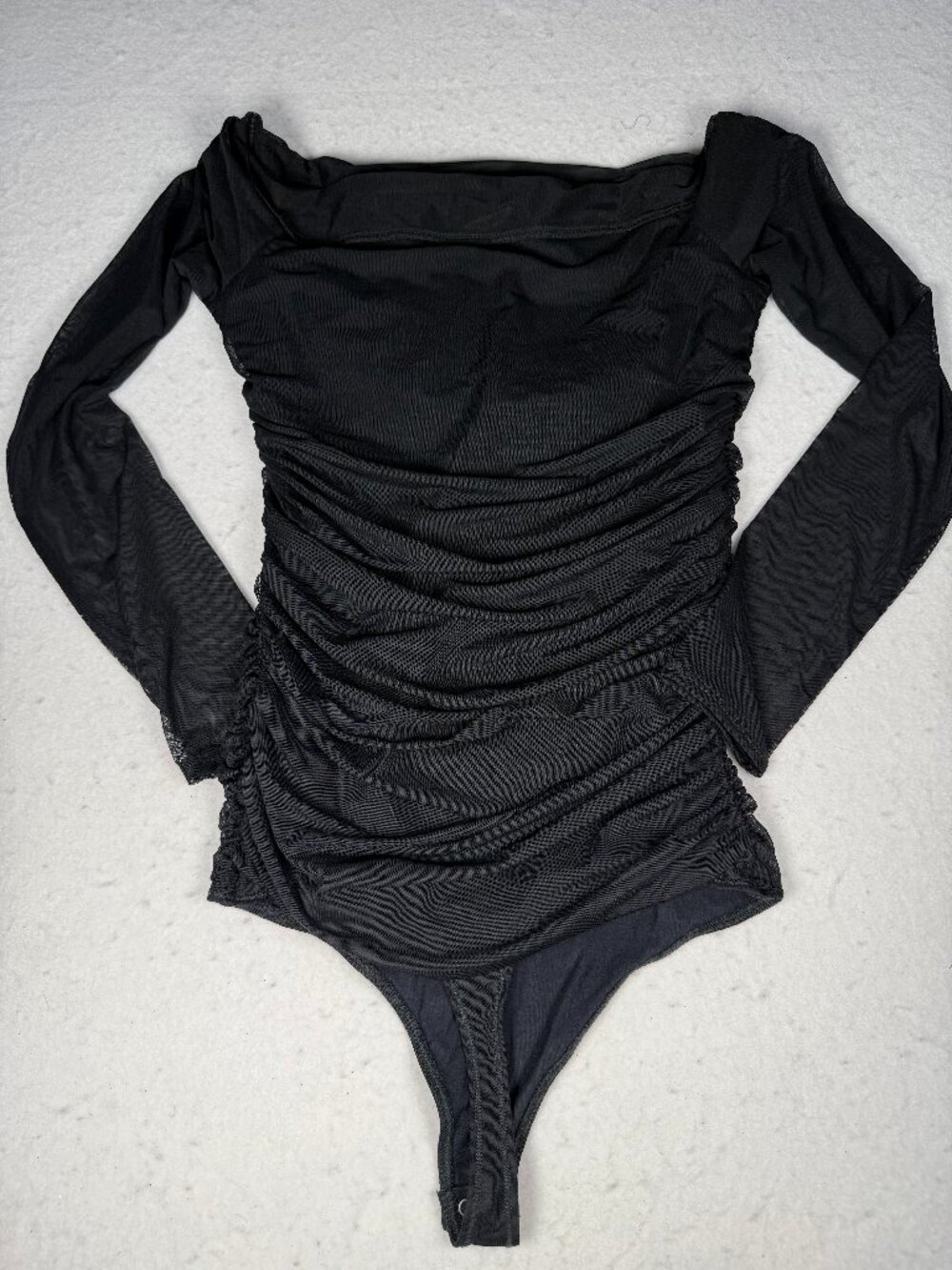 Abercrombie & Fitch Bodysuit Small Black Off Shoulder Long Sleeve Ruched Mesh